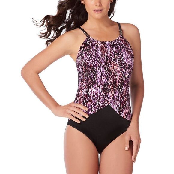 Magicsuit Black‎ Purple High Neck Slimming One Piece Swimsuit Sz 8 NEW - Picture 1 of 4